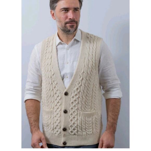 Carraig Donn Irish Wool Sweater Vest Cable Knit Button Front Ivory Grandpa XL - Picture 12 of 12